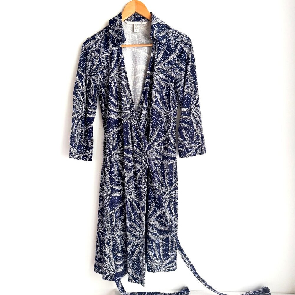 Diane Von Furstenberg Navy and White Leaf Print Midi Dress